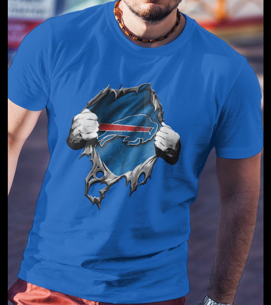 Torn Buffalo Bills Ripped Logo Hands Blue Background T-Shirt