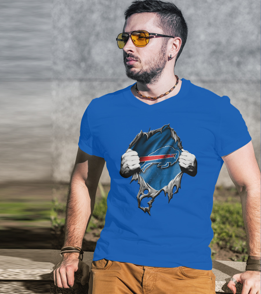 Torn Buffalo Bills Ripped Logo Hands Blue Background T-Shirt