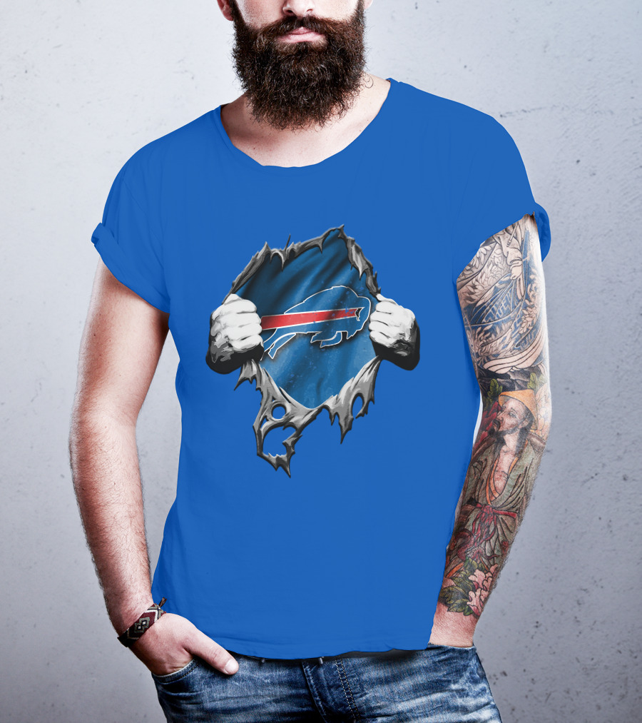 Torn Buffalo Bills Ripped Logo Hands Blue Background T-Shirt