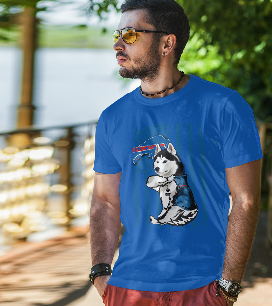 Siberian Husky Wearing Blue Buffalo Bills Vest With Heart Mom Tattoo And Flag T-Shirt