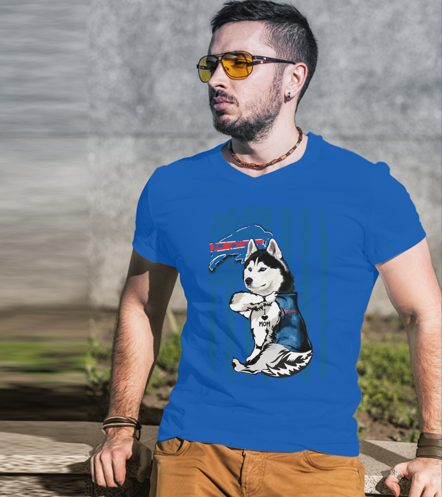 Siberian Husky Wearing Blue Buffalo Bills Vest With Heart Mom Tattoo And Flag T-Shirt