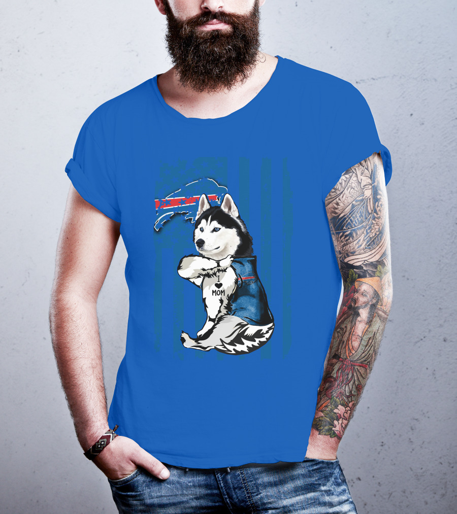 Siberian Husky Wearing Blue Buffalo Bills Vest With Heart Mom Tattoo And Flag T-Shirt