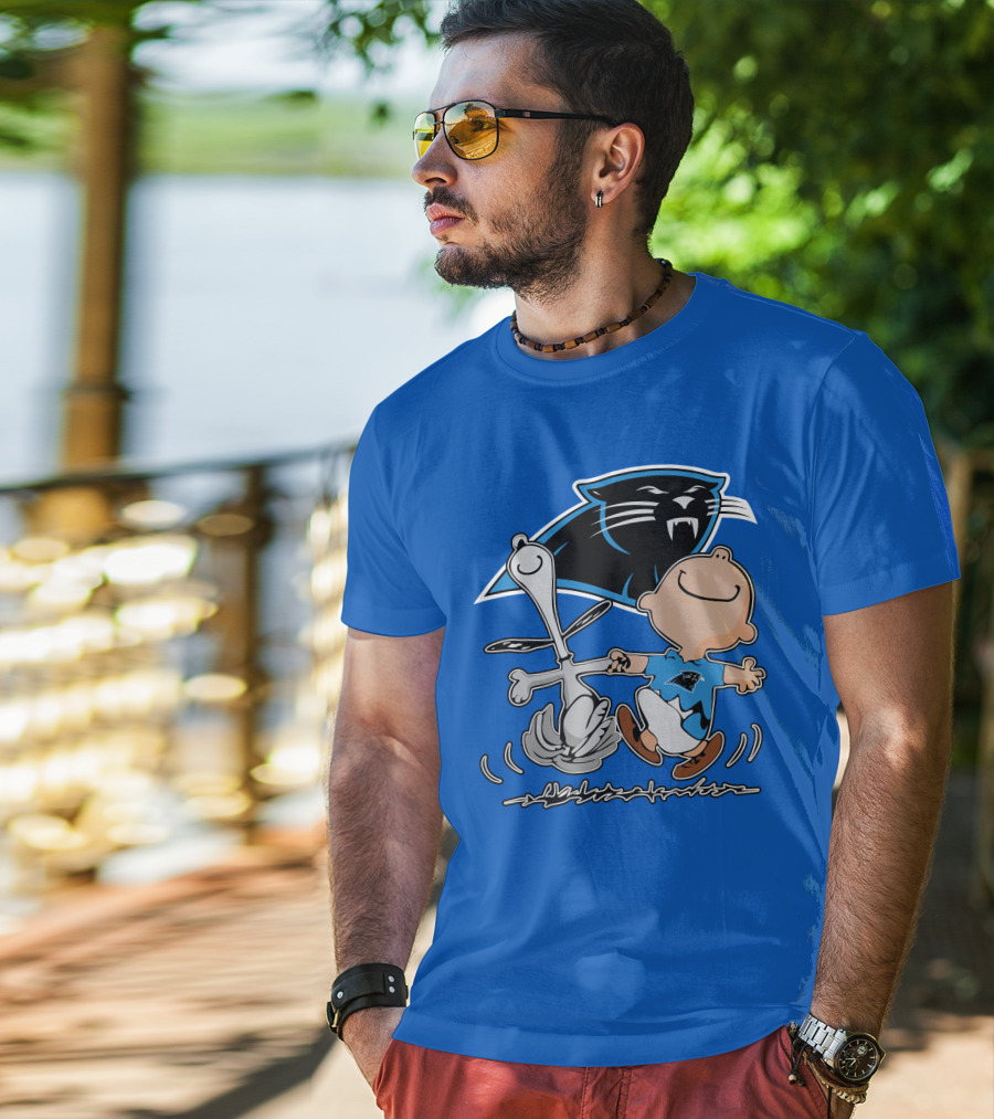 Carolina Panthers 27 Dance With Cartoon Dog And Boy Football Team T-Shirt