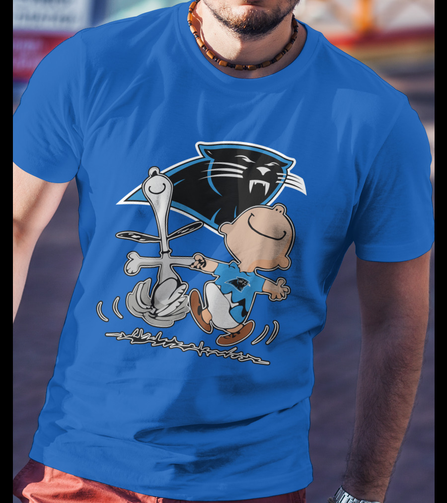 Carolina Panthers 27 Dance With Cartoon Dog And Boy Football Team T-Shirt