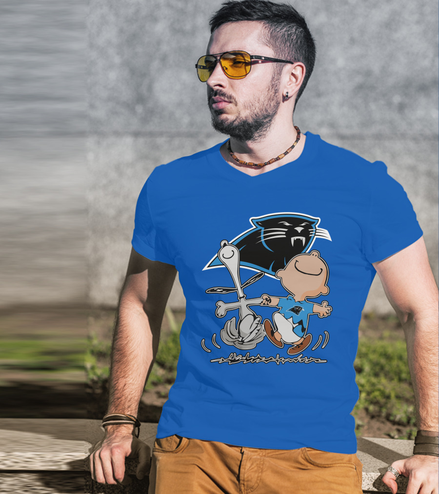 Carolina Panthers 27 Dance With Cartoon Dog And Boy Football Team T-Shirt