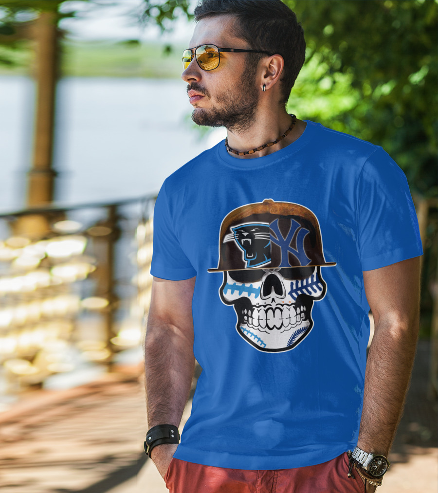 Carolina Panthers New York Yankees Skull Hat T-Shirt