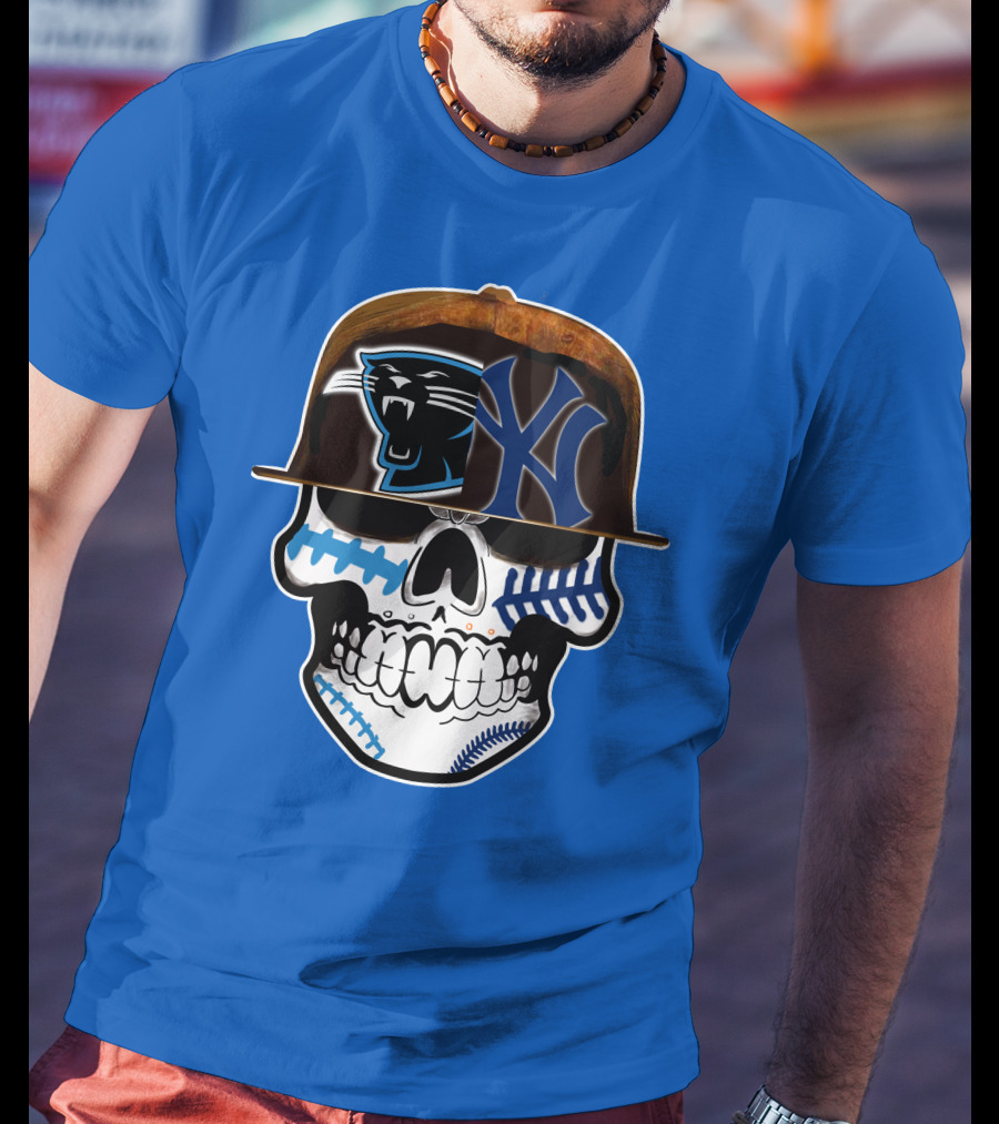 Carolina Panthers New York Yankees Skull Hat T-Shirt