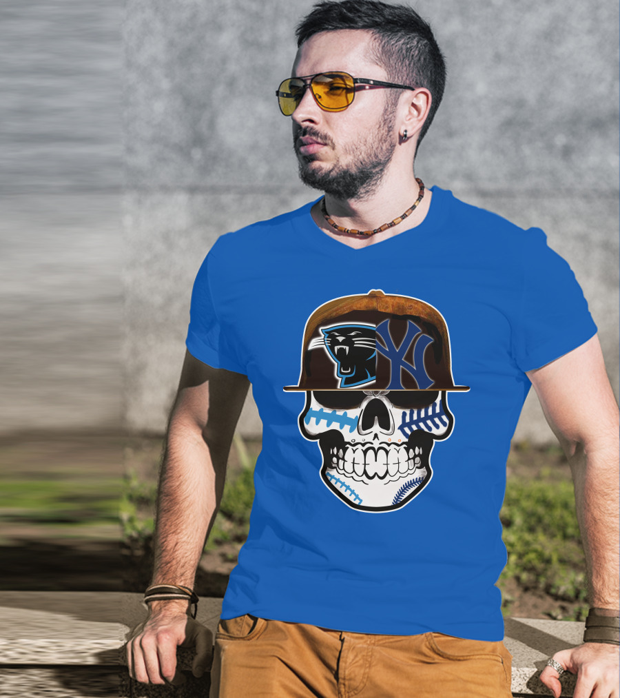 Carolina Panthers New York Yankees Skull Hat T-Shirt