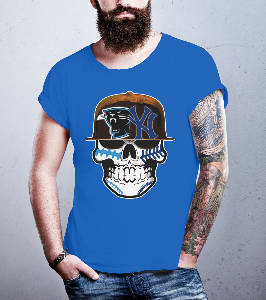 Carolina Panthers New York Yankees Skull Hat T-Shirt