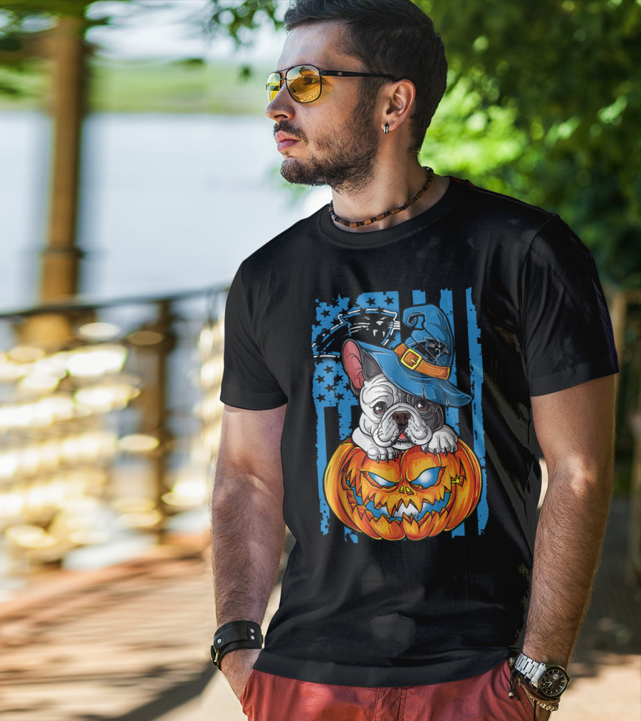 Bulldog Halloween Pumpkin Outfit Carolina Panthers Fan Style T-Shirt