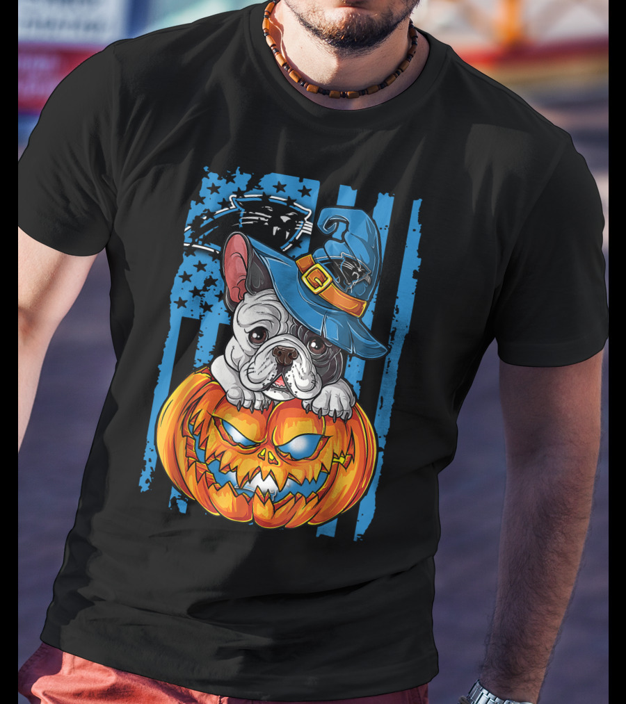 Bulldog Halloween Pumpkin Outfit Carolina Panthers Fan Style T-Shirt