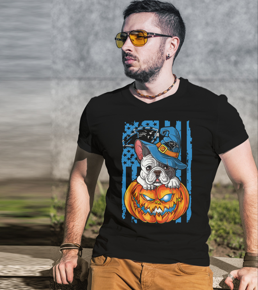 Bulldog Halloween Pumpkin Outfit Carolina Panthers Fan Style T-Shirt