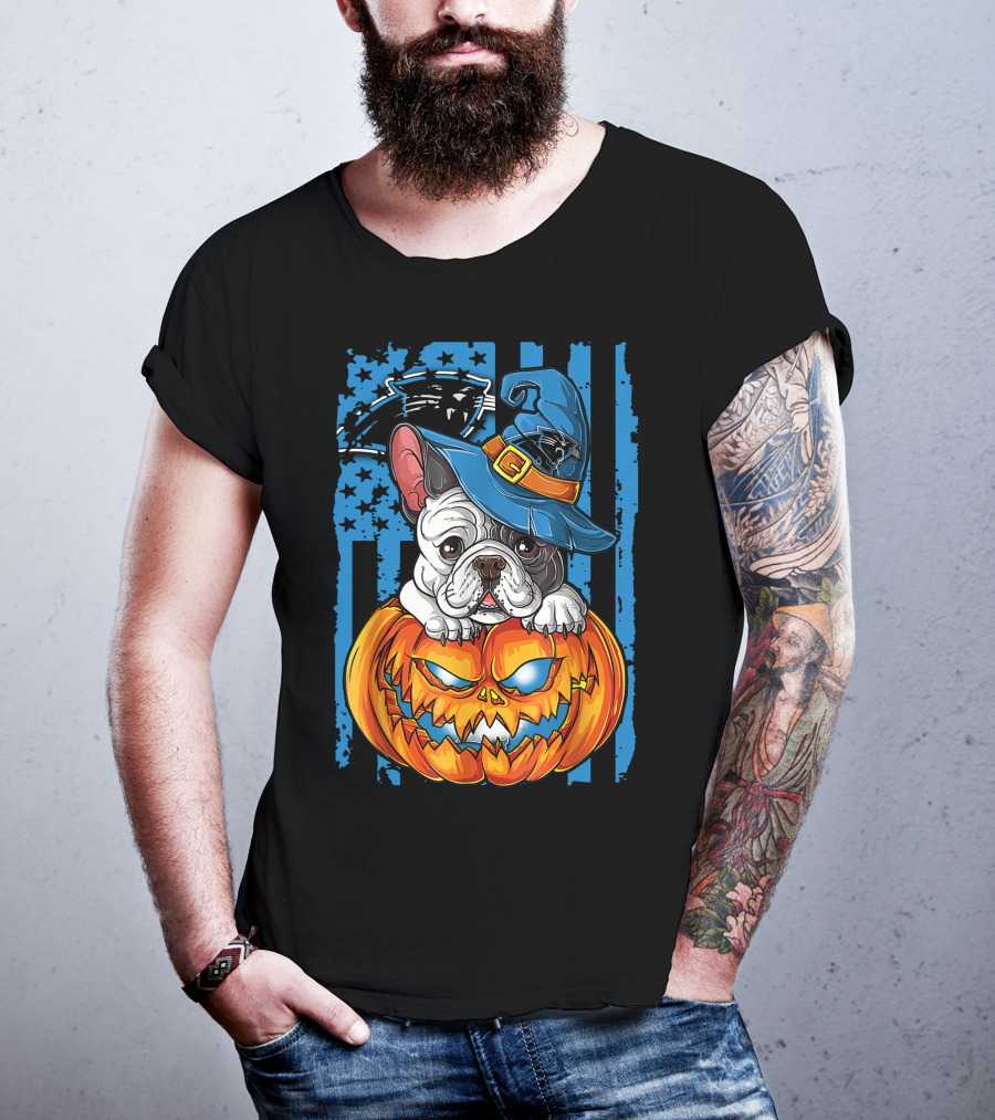 Bulldog Halloween Pumpkin Outfit Carolina Panthers Fan Style T-Shirt