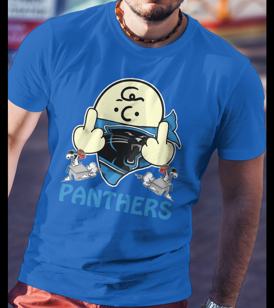 Carolina Panthers Bold Cartoon Character With Snoopy Imagery Middle Finger Salute T-Shirt