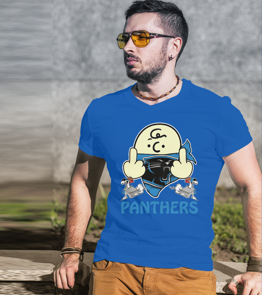 Carolina Panthers Bold Cartoon Character With Snoopy Imagery Middle Finger Salute T-Shirt