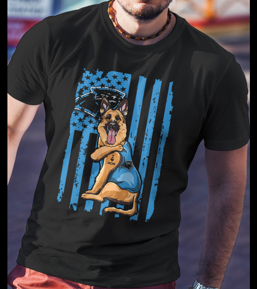 German Shepherd I Love Mom Carolina Panthers Blue American Flag T-Shirt