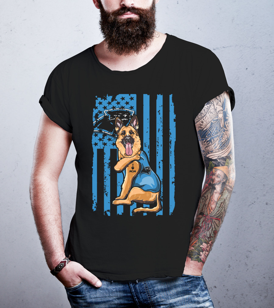 German Shepherd I Love Mom Carolina Panthers Blue American Flag T-Shirt