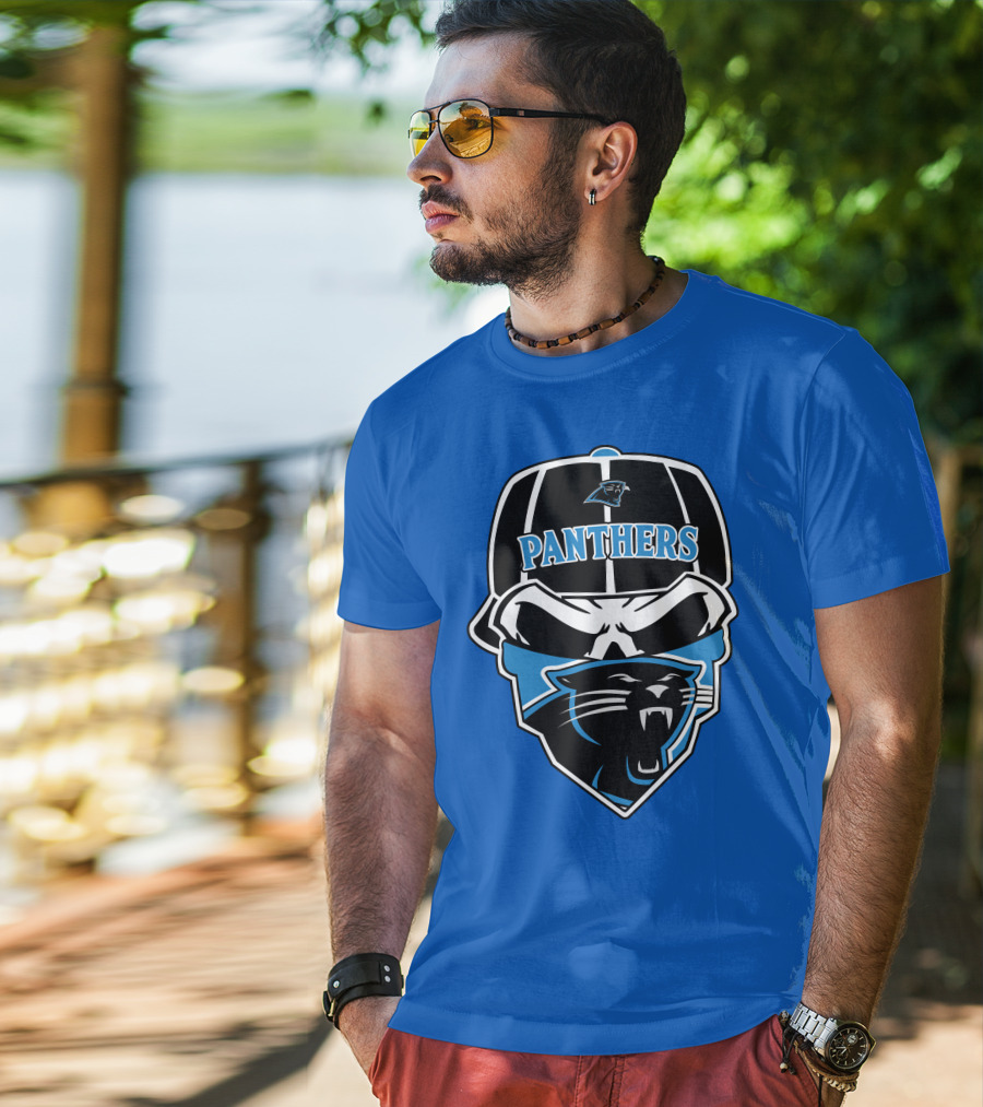 Carolina Panthers Logo And Skull With Bandana T-Shirt