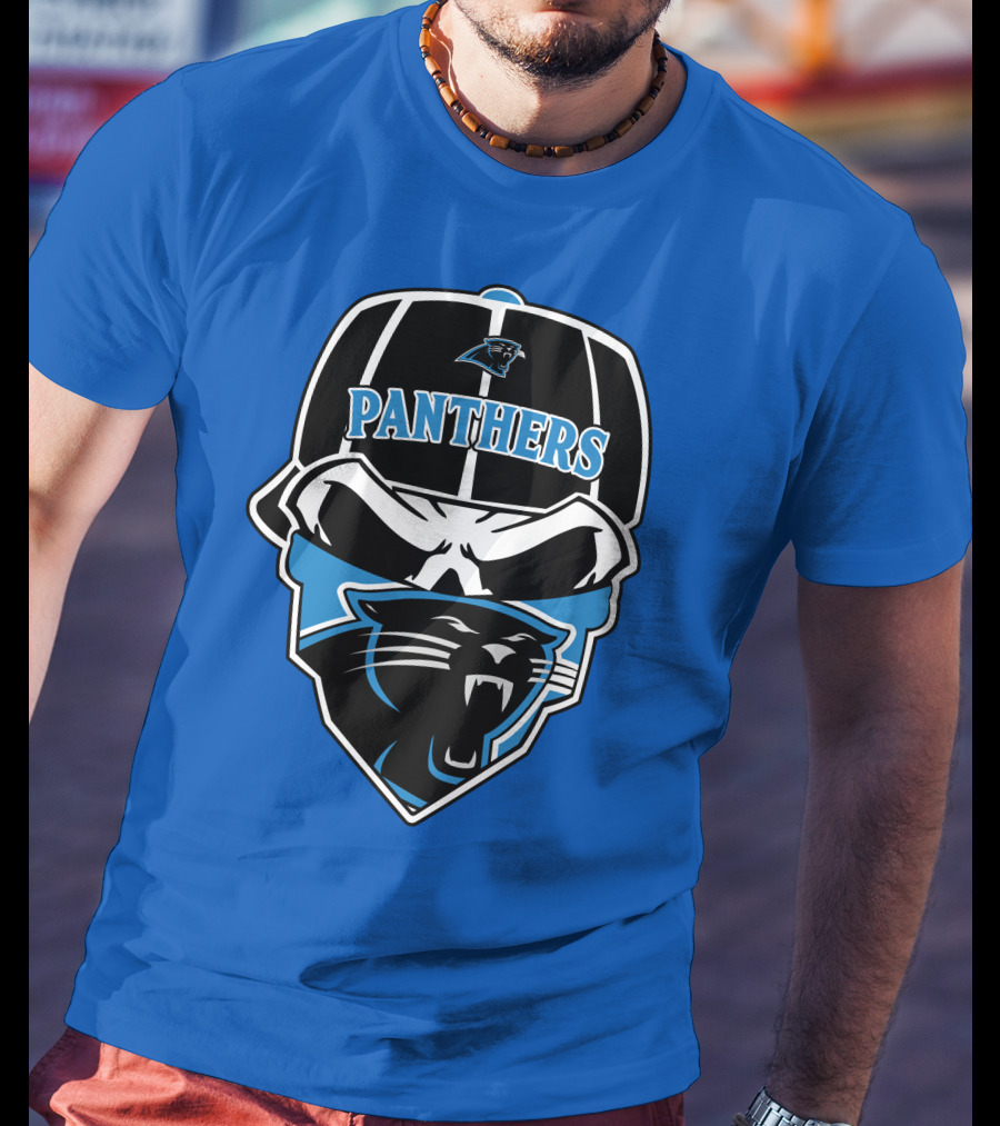 Carolina Panthers Logo And Skull With Bandana T-Shirt