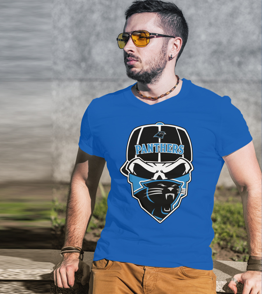 Carolina Panthers Logo And Skull With Bandana T-Shirt