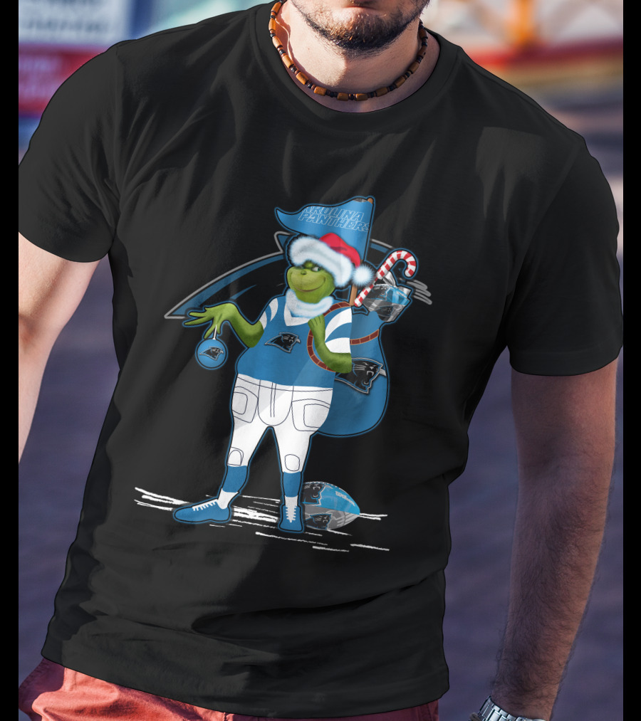 Grinchxmas Carolina Panthers Holiday Character In Team Gear Festive Football Santa Hat T-Shirt