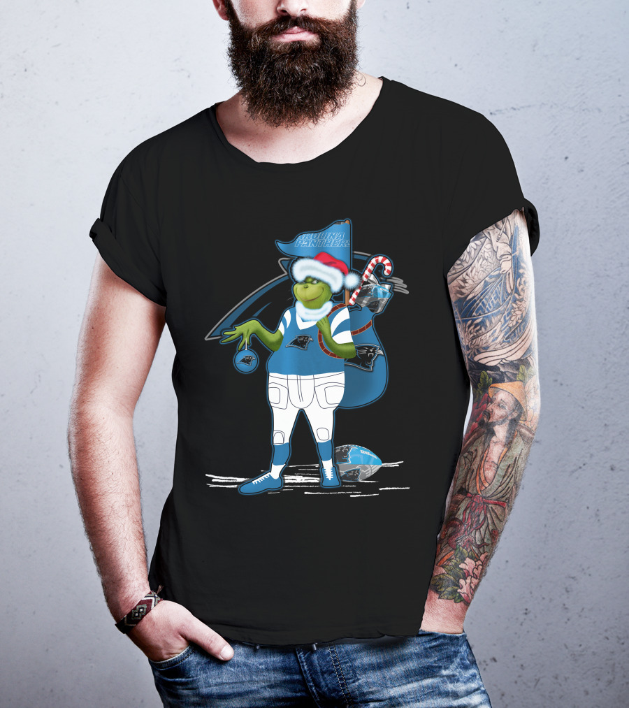 Grinchxmas Carolina Panthers Holiday Character In Team Gear Festive Football Santa Hat T-Shirt