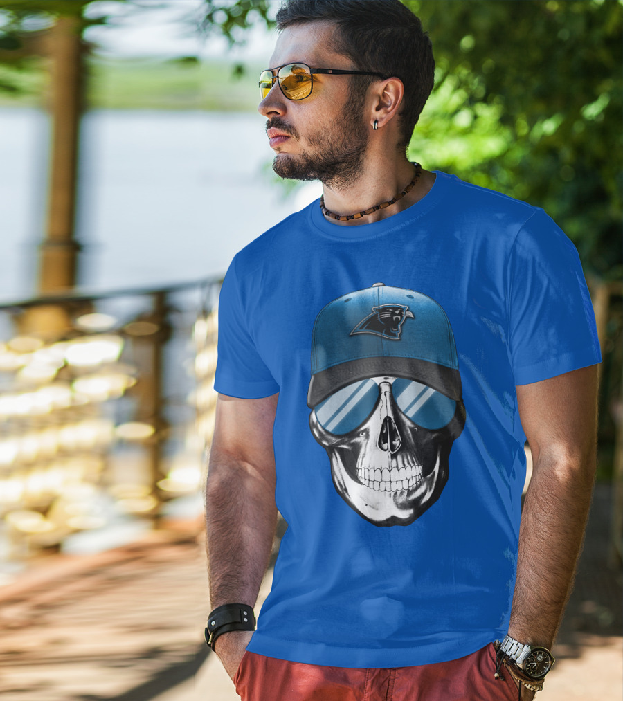 Skull Wearing Carolina Panthers Logo Hat With Reflective Sunglasses T-Shirt