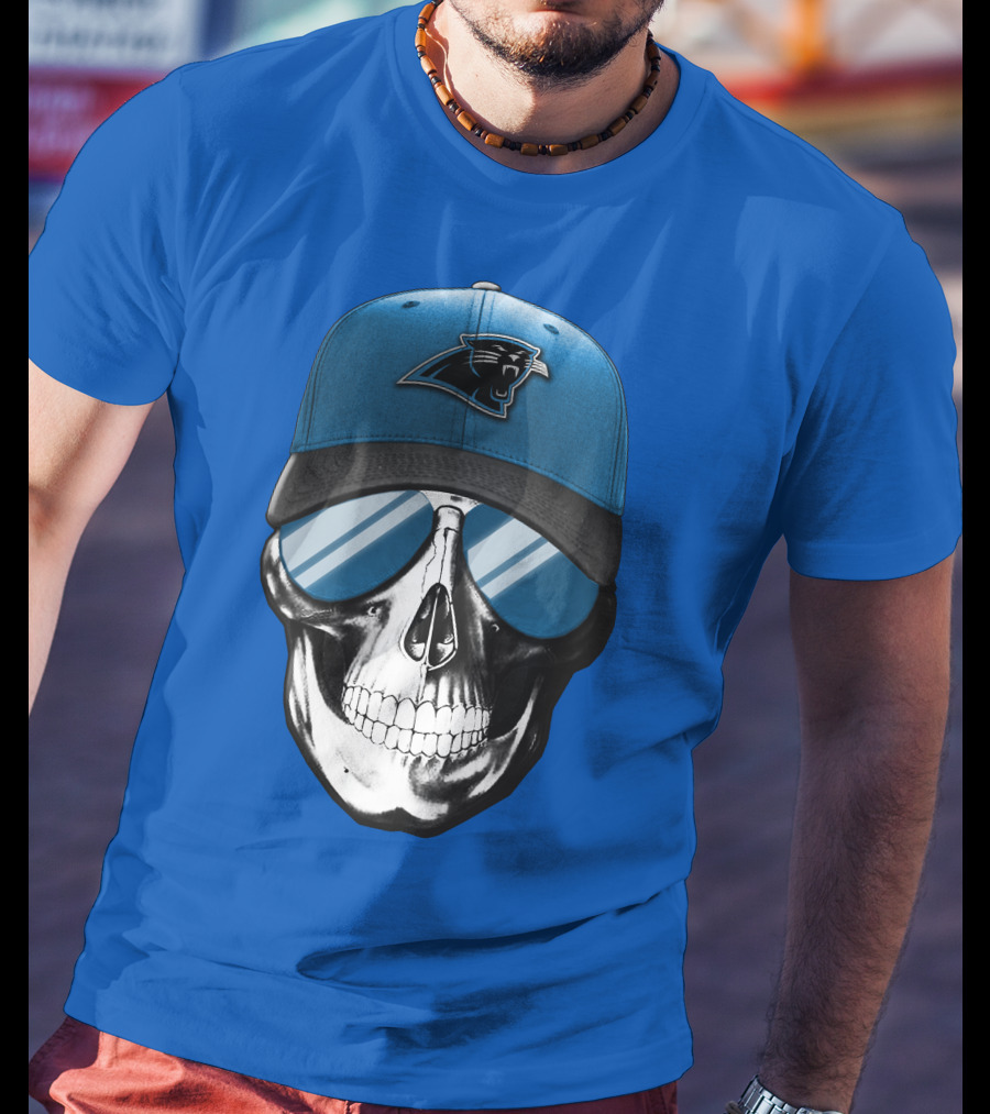 Skull Wearing Carolina Panthers Logo Hat With Reflective Sunglasses T-Shirt