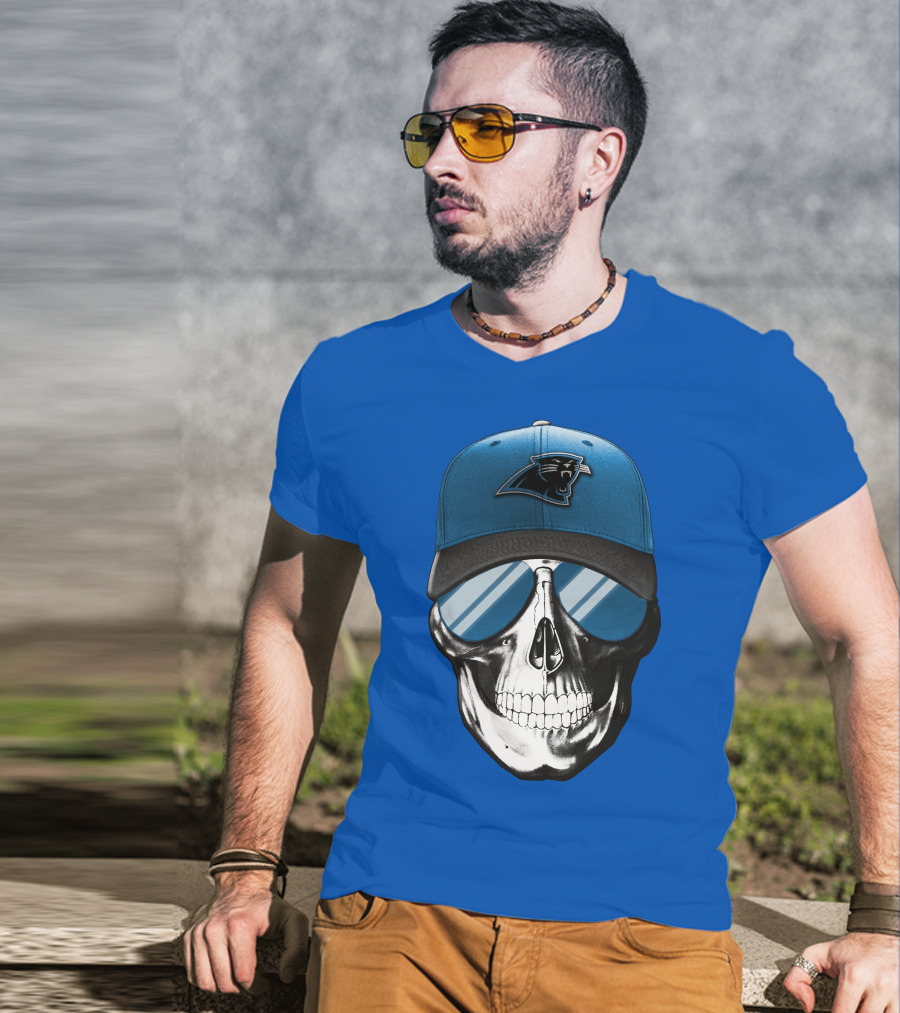 Skull Wearing Carolina Panthers Logo Hat With Reflective Sunglasses T-Shirt