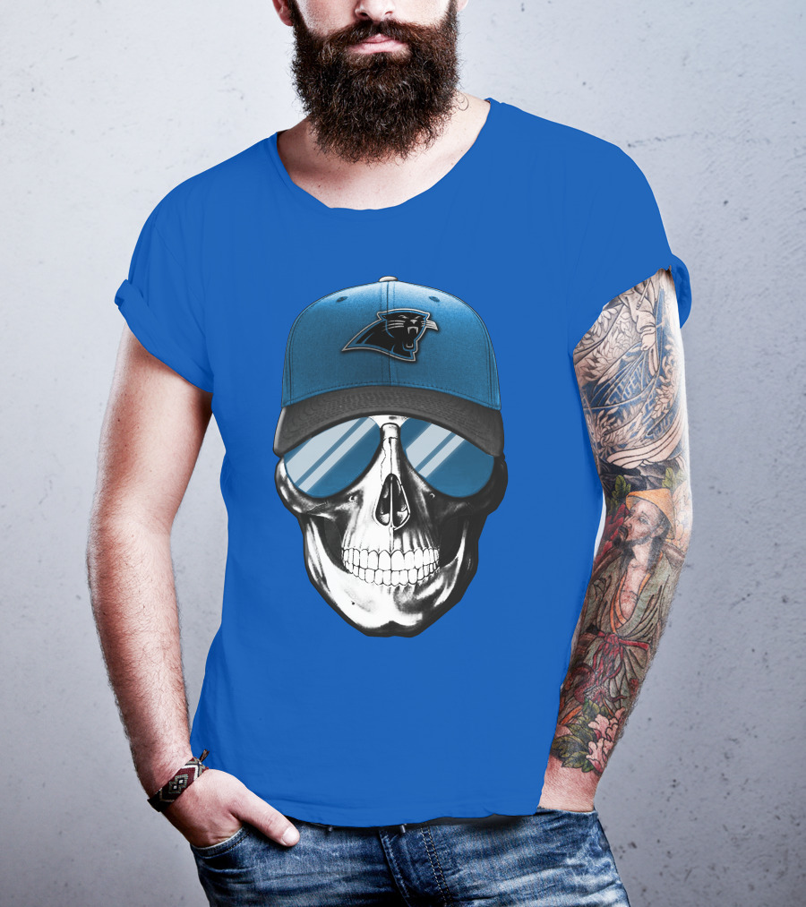 Skull Wearing Carolina Panthers Logo Hat With Reflective Sunglasses T-Shirt
