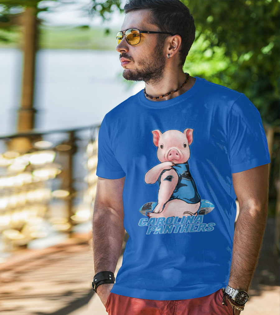 Pig Wearing Carolina Panthers Jersey With Football T-Shirt