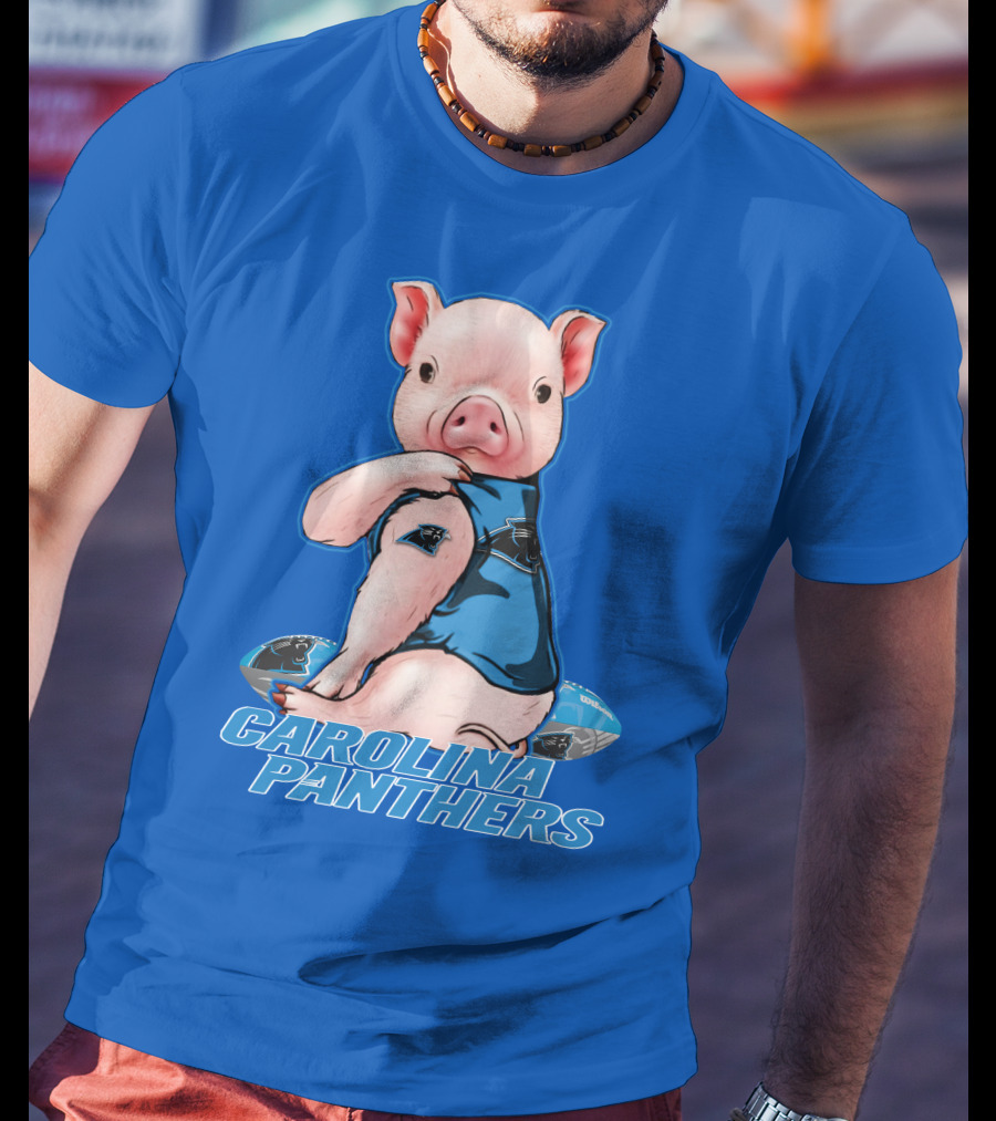 Pig Wearing Carolina Panthers Jersey With Football T-Shirt