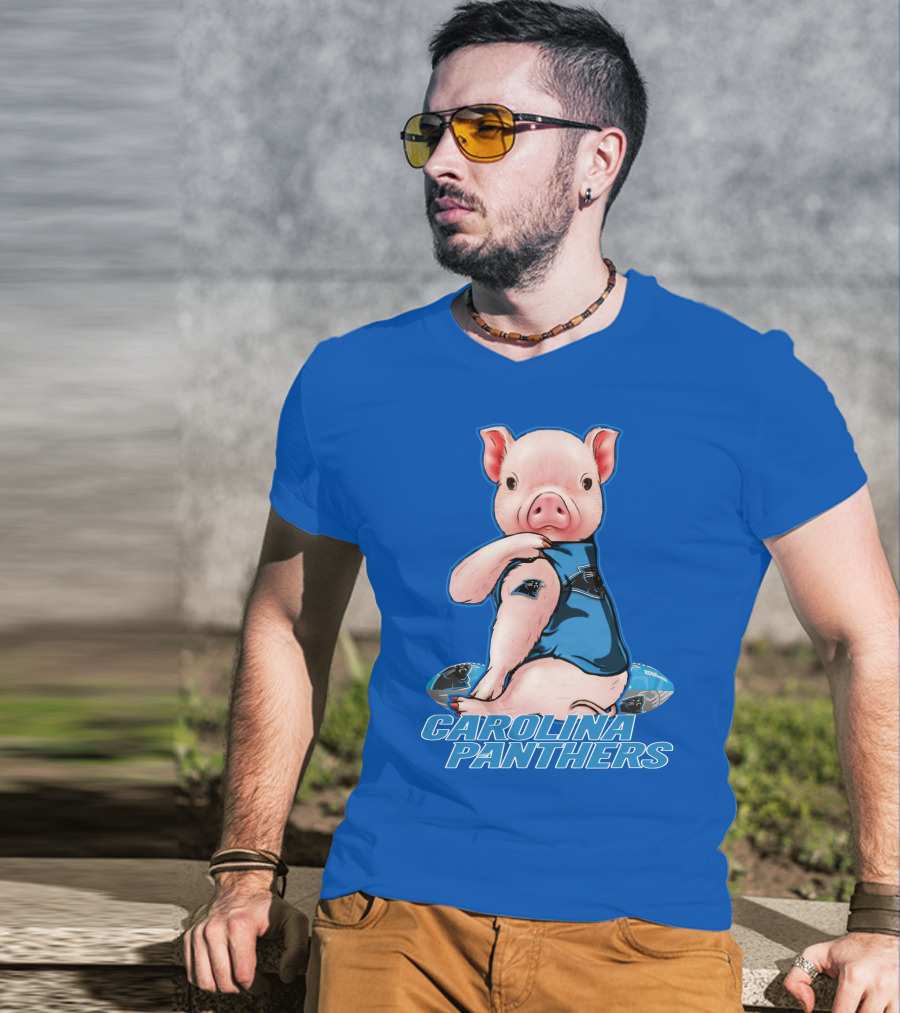 Pig Wearing Carolina Panthers Jersey With Football T-Shirt