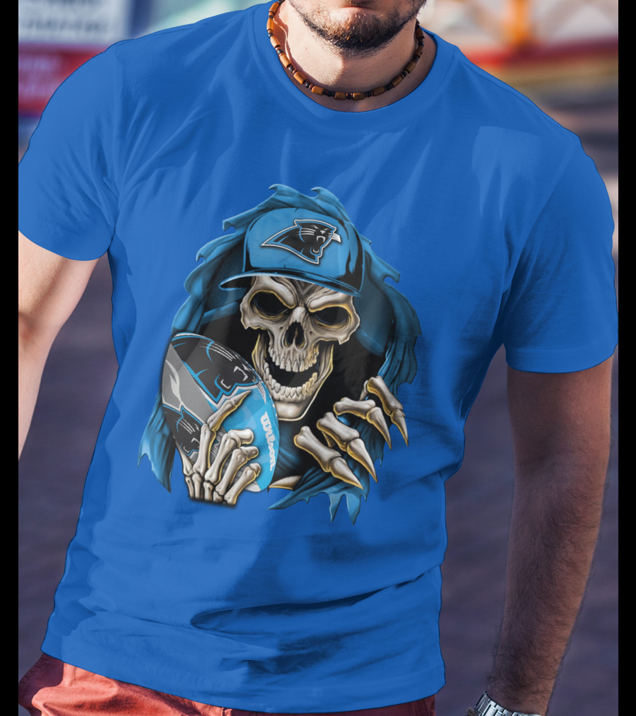 Skullbong Carolina Panthers Skeleton With Football And Team Cap T-Shirt