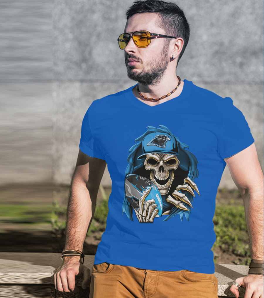 Skullbong Carolina Panthers Skeleton With Football And Team Cap T-Shirt