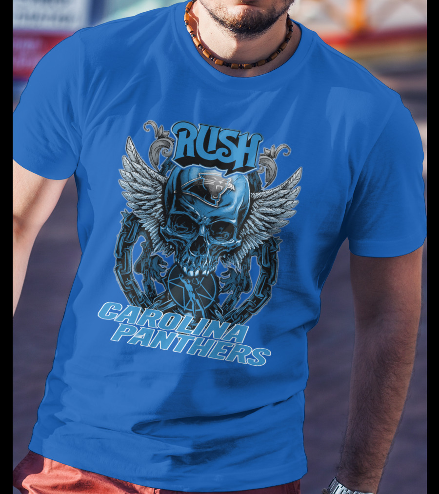 RUSH CAROLINA PANTHERS Skull Wings Helmet Chain T-Shirt