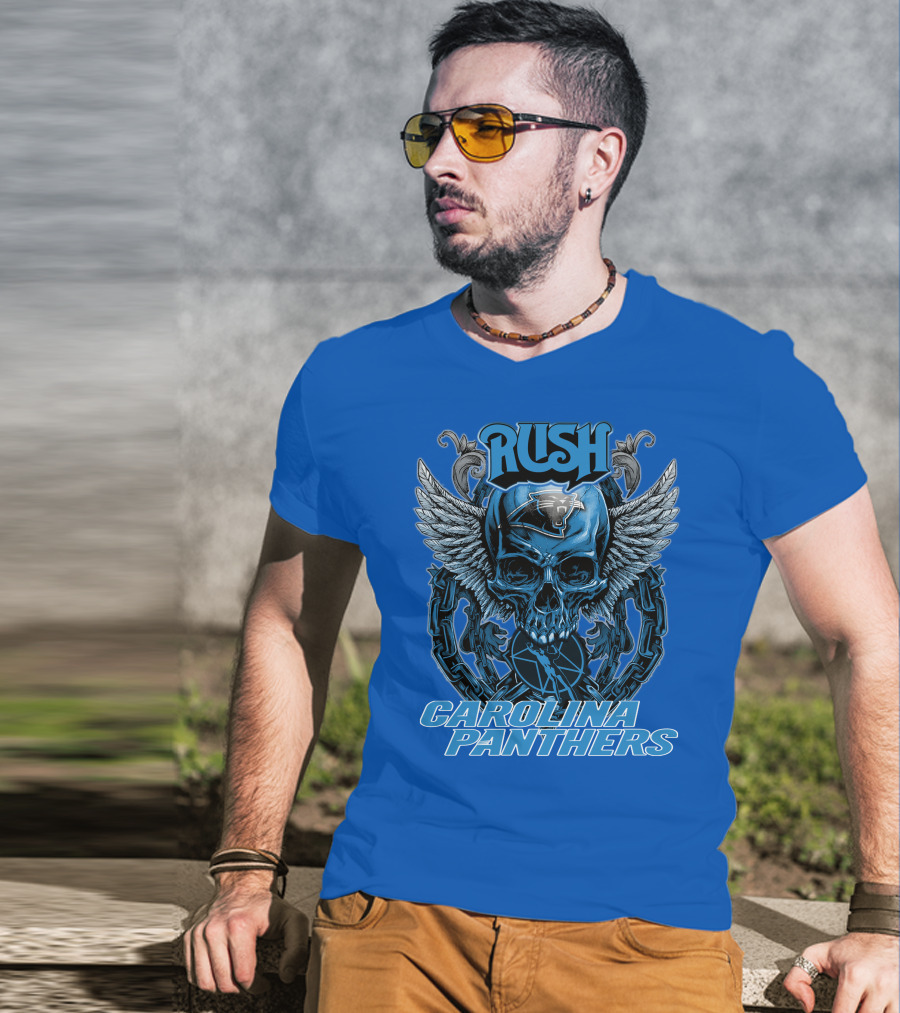 RUSH CAROLINA PANTHERS Skull Wings Helmet Chain T-Shirt