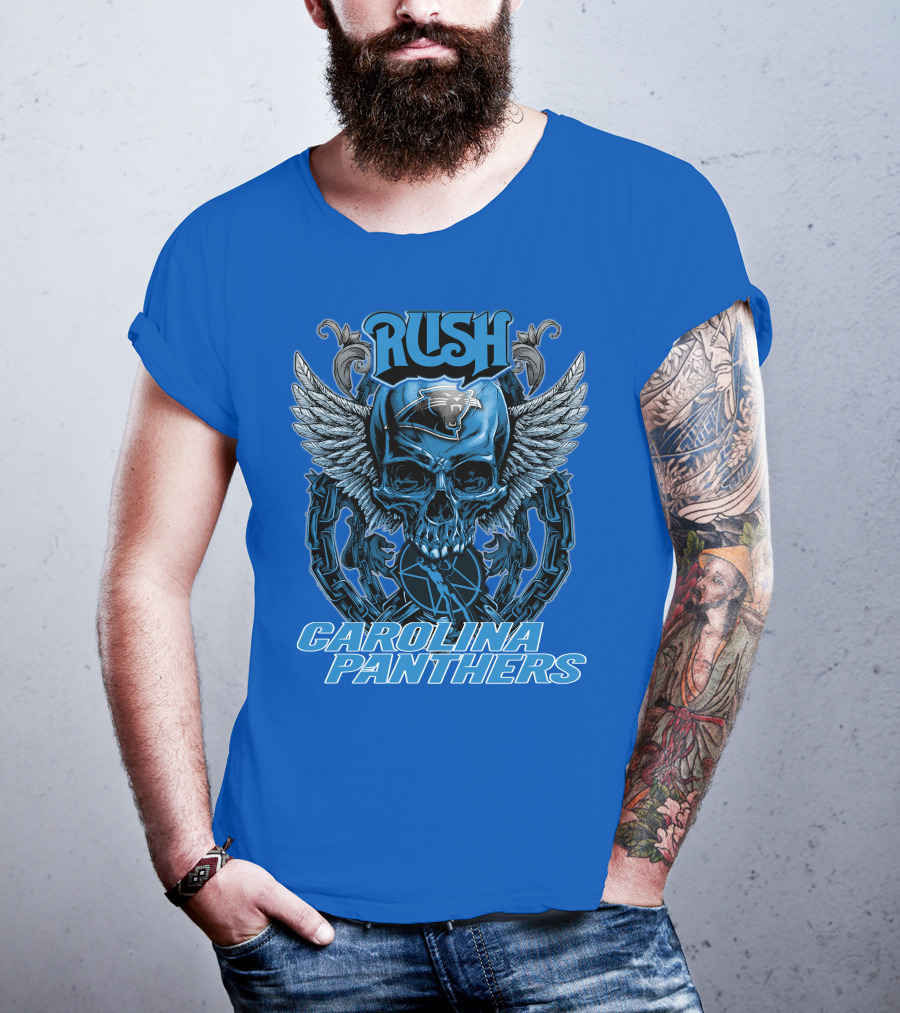 RUSH CAROLINA PANTHERS Skull Wings Helmet Chain T-Shirt