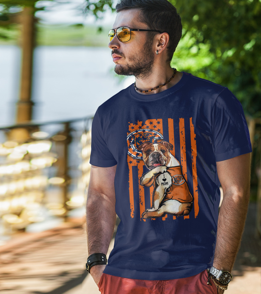 Bulldog I Love Mom Chicago Bears Orange And Blue Stripes T-Shirt