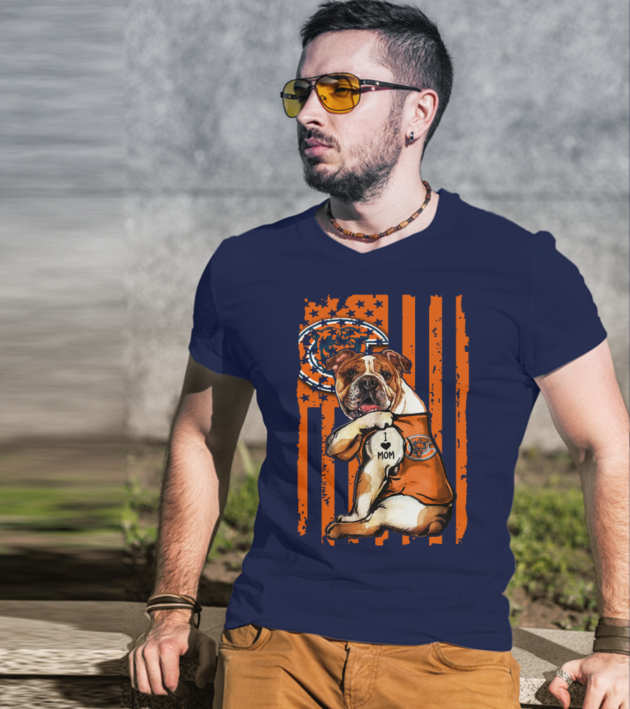 Bulldog I Love Mom Chicago Bears Orange And Blue Stripes T-Shirt