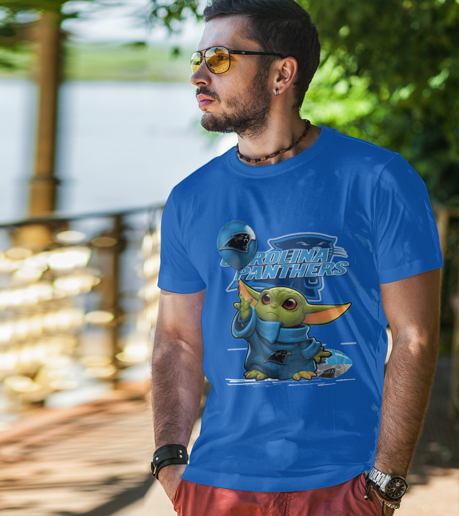 Yoda Carolina Panthers Football Fan With Logo And Baby Jedi T-Shirt