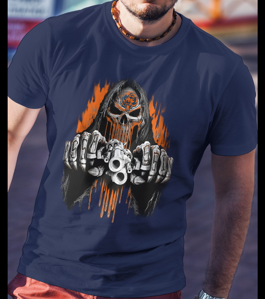 Chicago Bears Grim Reaper Skull With Orange Flames And Skull Knuckles T-Shirt