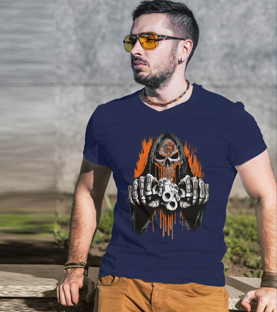 Chicago Bears Grim Reaper Skull With Orange Flames And Skull Knuckles T-Shirt