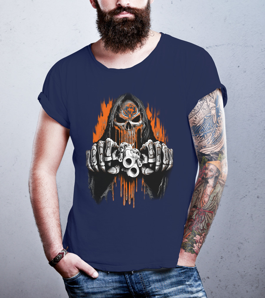 Chicago Bears Grim Reaper Skull With Orange Flames And Skull Knuckles T-Shirt