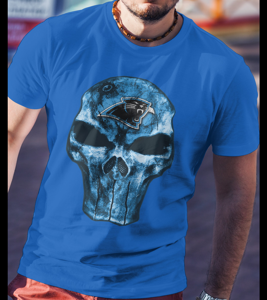 Skull With Carolina Panthers Emblem On Blue T-Shirt