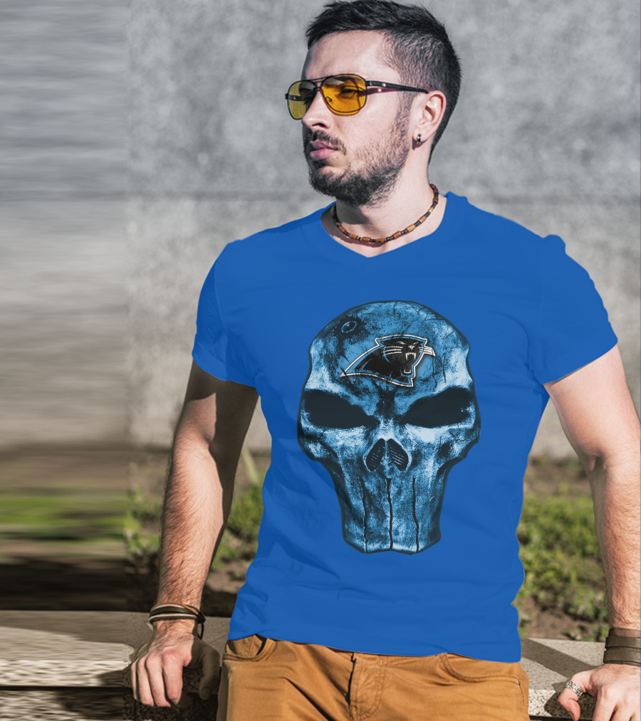 Skull With Carolina Panthers Emblem On Blue T-Shirt