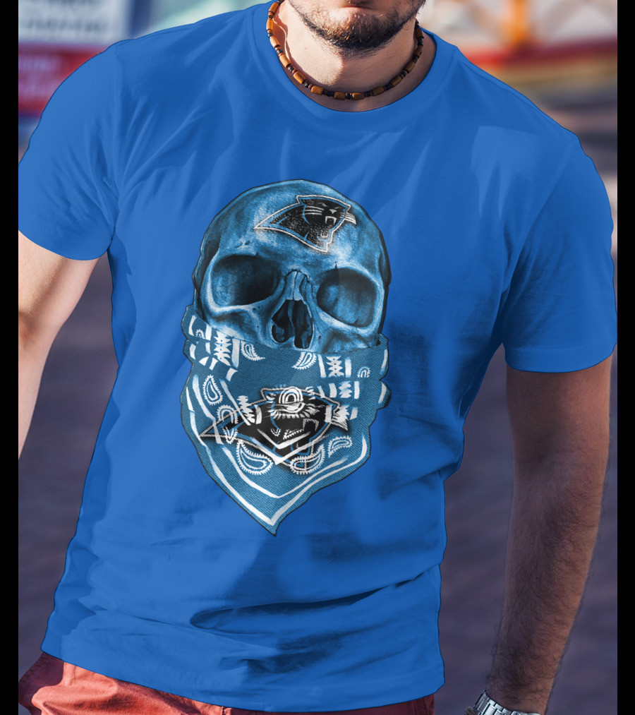 Carolina Panthers Skull Bandana Blue T-Shirt