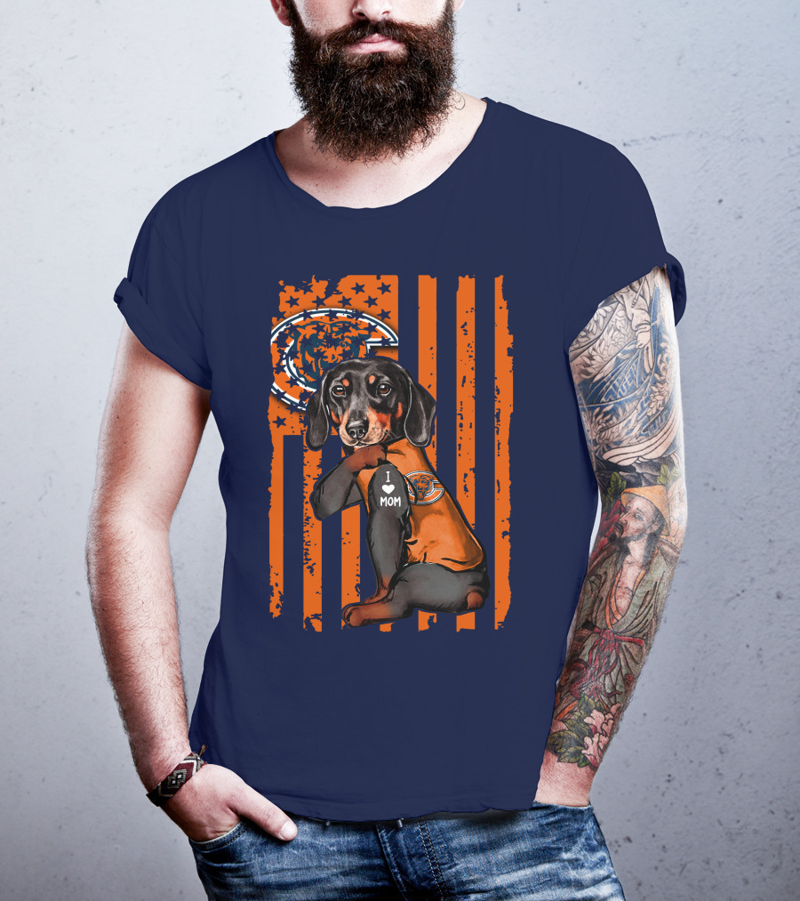 Dachshund I Love Mom Chicago Bears Fan Orange Flag T-Shirt