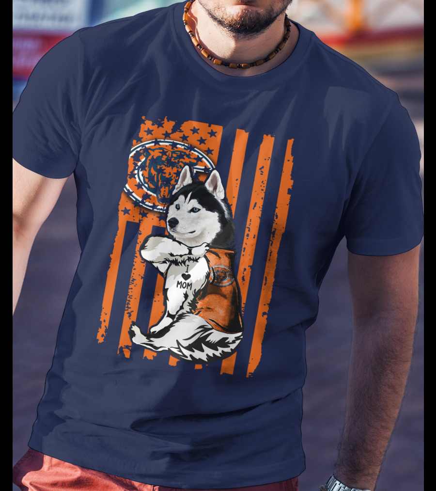 Siberian Husky Chicago Bears I Love Mom Flag T-Shirt