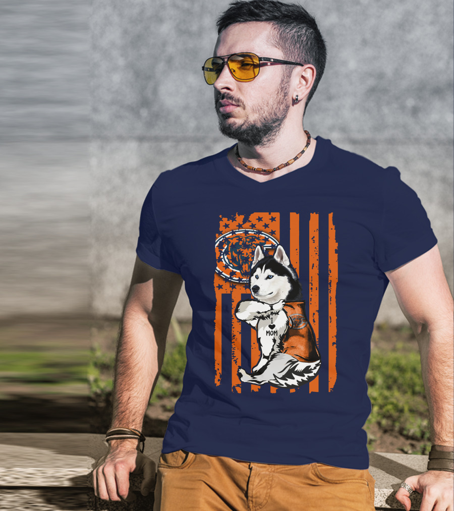 Siberian Husky Chicago Bears I Love Mom Flag T-Shirt